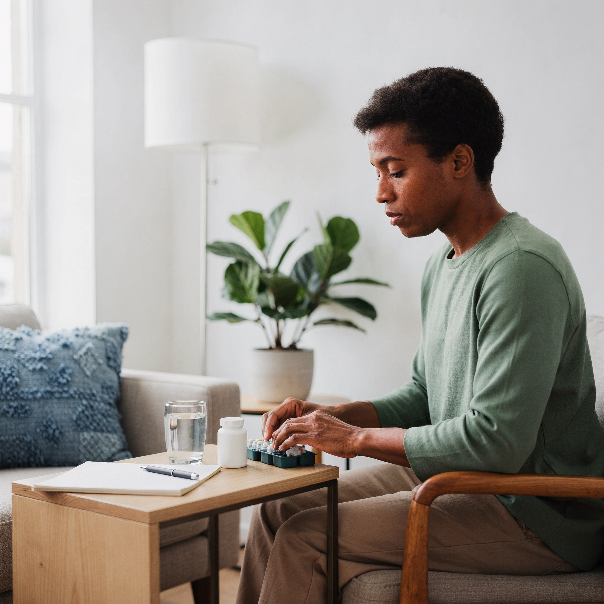 Man at a table reviewing his medications – psychiatric medication management in Upper Darby, PA